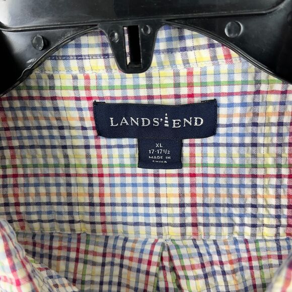 Lands End Shirt‎ Mens XL 17-17.5 Loose Cotton Seersucker Plaid Short Sleeve - Picture 3 of 8